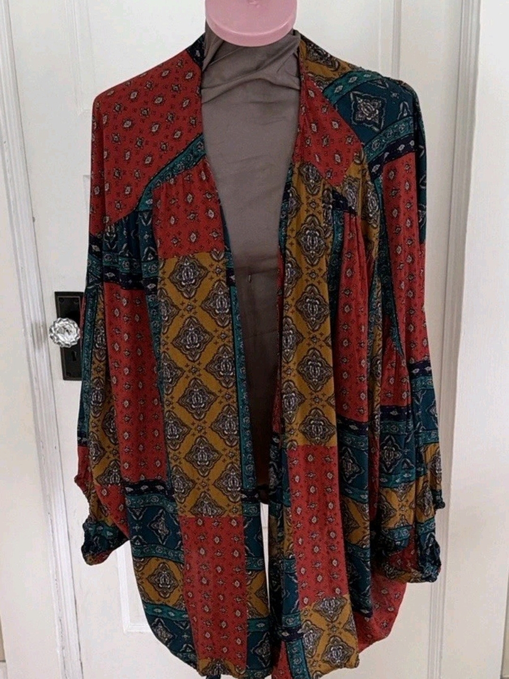 Hayden Patchwork Open-Front Cardigan in Rust, Mustard & Teal